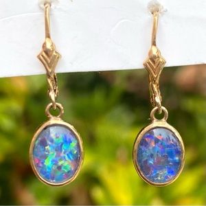 Black Opal Triplet Dangle Earrings 14k